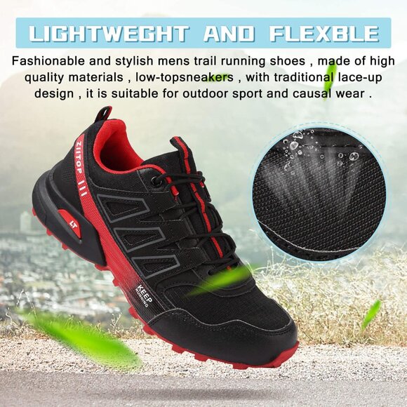 Trail Running Shoes Men Black-red Hiking Shoes Outdoor Breathable Walking Shoes - Picture 3 of 7